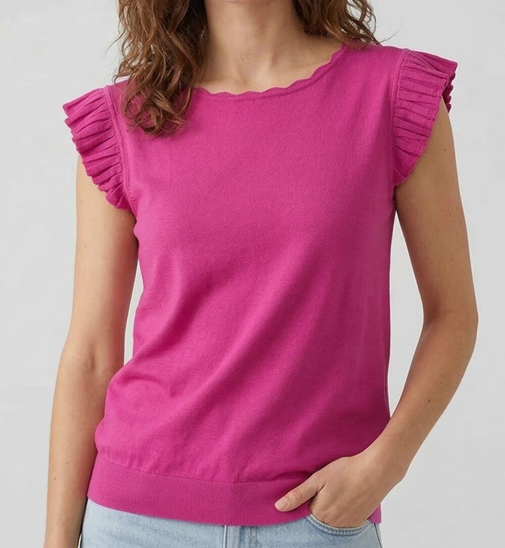 Ann Taylor LOFT Outlet Small Pink Cap Sleeve Ruffle Sweater Scallop Neckline